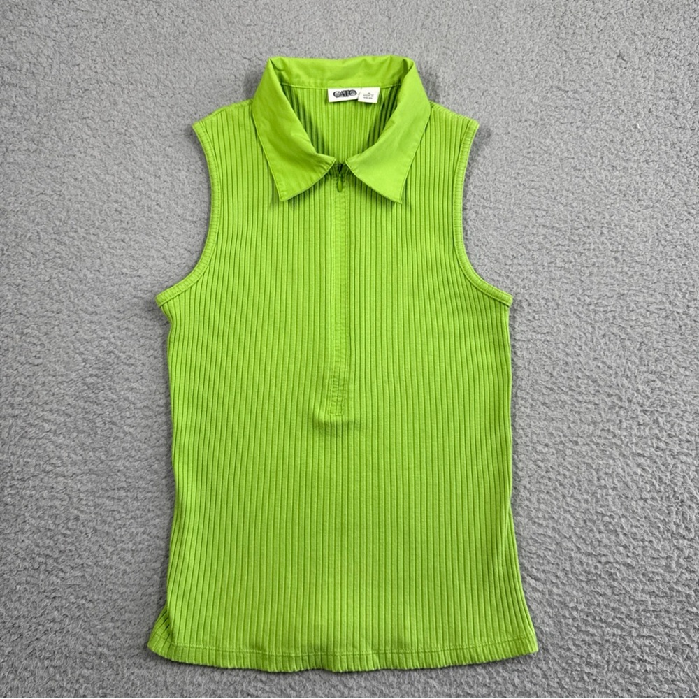Cato Sleeveless Top Size M Womens Lime Green Collared Front 3/4 Zip Stretch